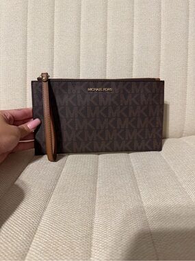 Michael Kors Dark Brown Signature MK Wristlet with Tan Strap